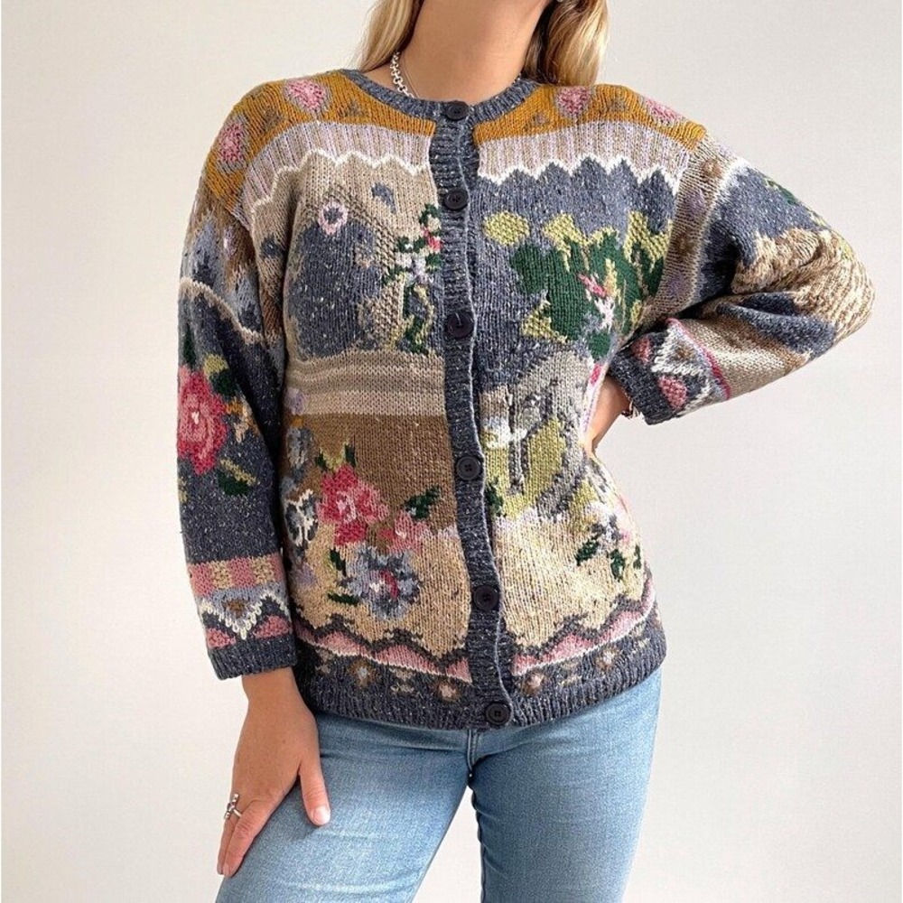 Together! Vintage Safari Elephant Floral Hand Knit Cardigan Sweater Womens M 90s